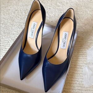 Jimmy Choo Navy Pointed-Toe Leather Pumps